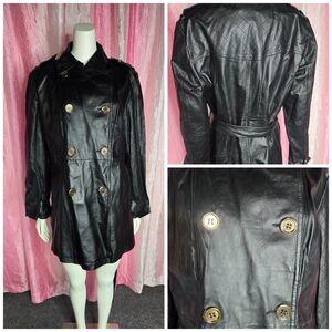 Iman Platinum Collection Gold Buttons Leather Trench Coat Size Large